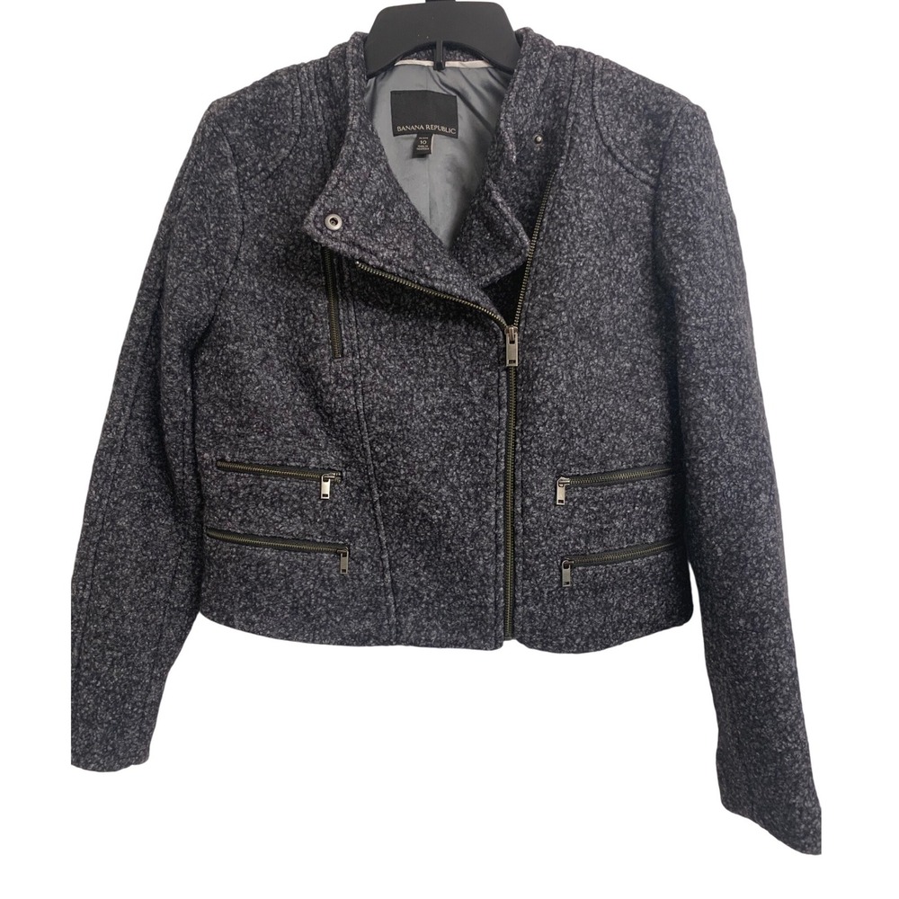 Banana‎ Republic Wool Boucle Moto Jacket Grey Cropped Minimalist 10P